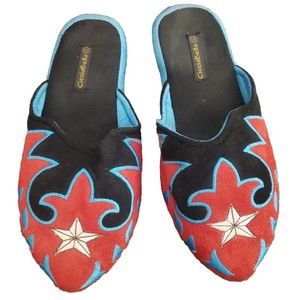 Cicciabella Women's Slippers Pony Up Muleeta Black/Red/Blue Suede Sz Small